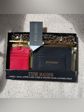 Steve Madden Black & Red Card Case Set with Woven Gold Chain Lanyard